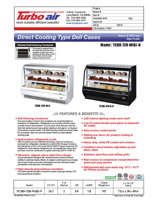 Turbo Air TCDD-72H-W-N 72" Curved Glass Full-Service Deli Display Case, 3 Levels, White Exterior, 115v - Donut-Supplies.Com