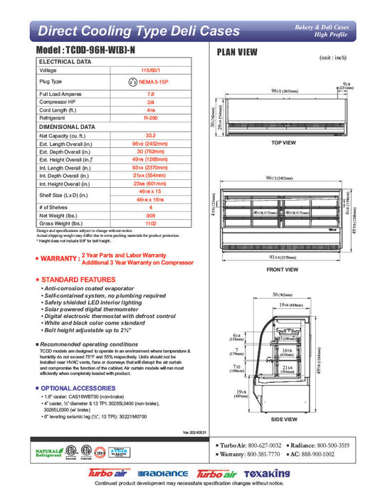 Turbo Air TCDD-96H-W-N 96-1/2" Curved Glass Full-Service Deli Display Case, 3 Levels, White Exterior, 115v - Donut-Supplies.Com