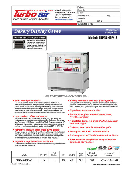 Turbo Air TBP48-46FN-S 47 1/4" Straight Glass Refrigerated Bakery Display Case, 2 Levels, Stainless Steel, 115v - Donut-Supplies.Com