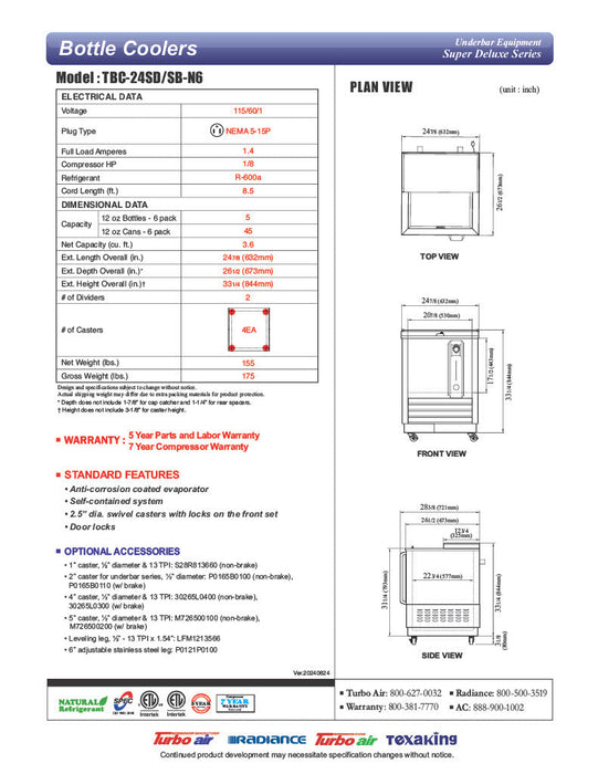 Turbo Air TBC-24SB-N6 24" Super Deluxe Black Exterior Bottle or Can Cooler - Donut-Supplies.Com