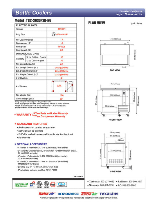 Turbo Air TBC-36SD-N6 36" Super Deluxe Stainless Steel Bottle Cooler - Donut-Supplies.Com