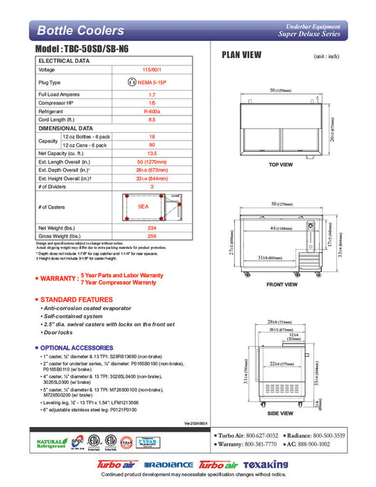 re- Turbo Air TBC-50SD-N6 50" Super Deluxe Stainless Steel Bottle Cooler - Donut-Supplies.Com