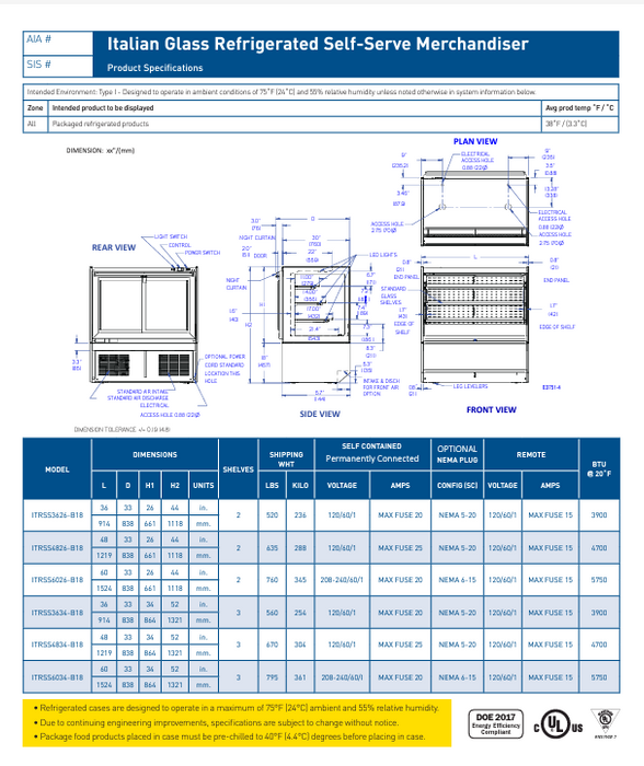 Federal Industries (ITRSS6034-B18)-Italian Series Refrigerated- 60" x 52"(H) Self Service Open Air Case w/ Two Shelves 208-240V - Donut-Supplies.Com