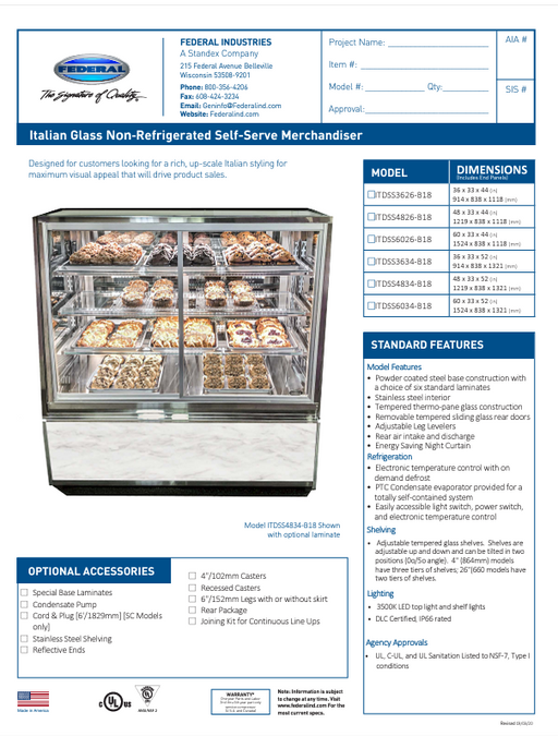 Federal Industries (ITDSS6034-B18)-Non-Refrigerated-(Sliding Doors on Front) 48" x 52"(H) Self Service Case w/Straight Glass 120V (Copy) - Donut-Supplies.Com
