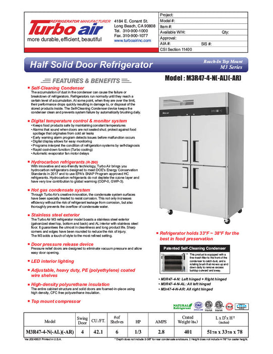 Turbo Air M3R47-4-N 51 3/4" Two Section Reach In Refrigerator, (4) Left/Right Hinge Solid Doors, 115v - Donut-Equipment.com