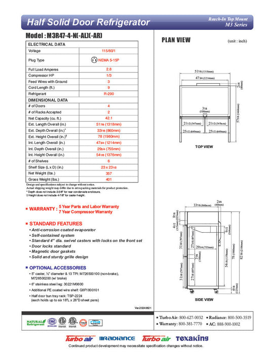 Turbo Air M3R47-4-N 51 3/4" Two Section Reach In Refrigerator, (4) Left/Right Hinge Solid Doors, 115v - Donut-Equipment.com