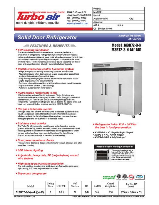 Turbo Air M3R72-3-N M3 Series 78" Solid Door Stainless Steel Reach-In Refrigerator - Donut-Supplies.Com