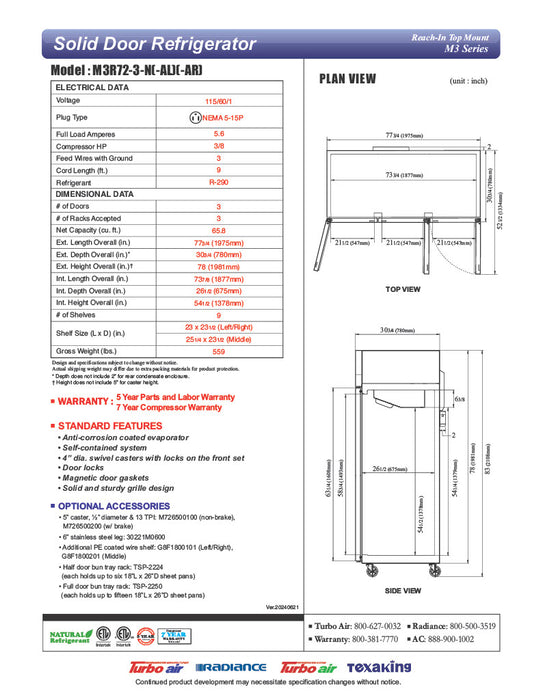 Turbo Air M3R72-3-N M3 Series 78" Solid Door Stainless Steel Reach-In Refrigerator - Donut-Supplies.Com