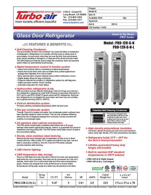 Turbo Air - PRO-12R-G-N, Commercial 18" 1 Glass Door Reach-in Refrigerator PRO Series 9.5 cu.ft. - Donut-Supplies.Com