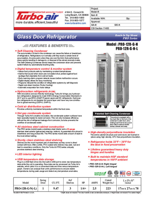 Turbo Air PRO-15R-G-N(-L) 13.34 Cu. Ft. Reach-In One-Section PRO Series Refrigerator - 115 Volts - Donut-Supplies.Com