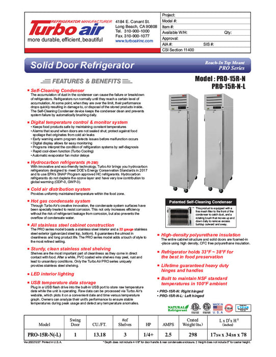 Turbo Air PRO-15R-N 17 3/4" One Section Reach In Refrigerator - (1) Right Hinge Solid Door, 115v - Donut-Supplies.Com