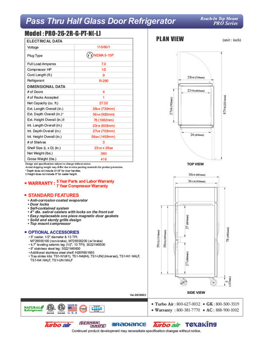 Turbo Air PRO-26-2R-G-PT-N 28 3/4" One Section Pass Thru Refrigerator, (4) Right Hinge Glass Doors, 115v - Donut-Supplies.Com