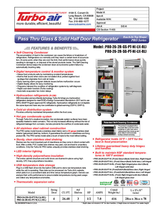 Turbo Air PRO-26-2R-GS-PT-N 28 3/4" One Section Pass Thru Refrigerator, (2) Glass Doors, (2) Solid Doors, Right Hinge, 115v - Donut-Supplies.Com