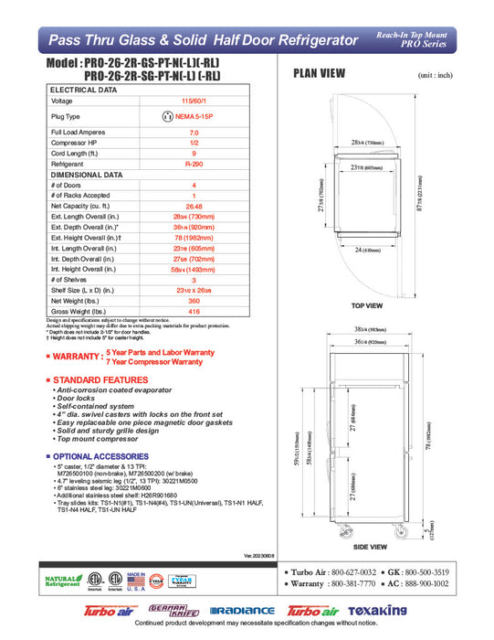 Turbo Air PRO-26-2R-GS-PT-N 28 3/4" One Section Pass Thru Refrigerator, (2) Glass Doors, (2) Solid Doors, Right Hinge, 115v - Donut-Supplies.Com