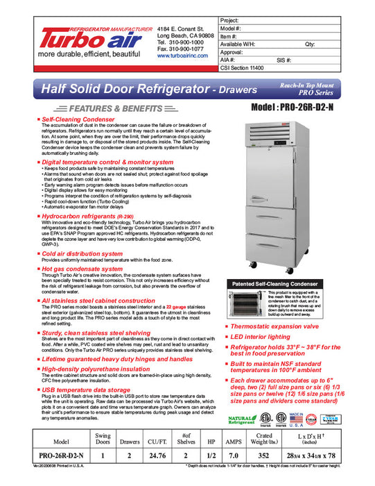 Turbo Air PRO-26R-D2-N 28 3/4" One Section Reach In Refrigerator - (1) Right Hinge Solid Door & (2) Drawers, 115v - Donut-Supplies.Com