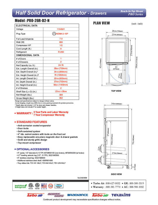 Turbo Air PRO-26R-D2-N 28 3/4" One Section Reach In Refrigerator - (1) Right Hinge Solid Door & (2) Drawers, 115v - Donut-Supplies.Com