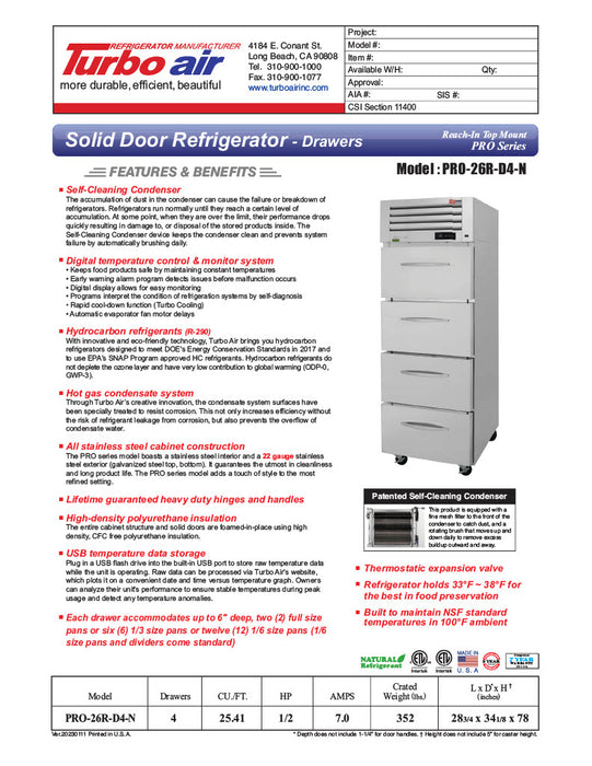 Turbo Air PRO-26R-D4-N, 28 3/4" One Section Reach In Refrigerator - (4) Solid Drawers, 115v - Donut-Supplies.Com