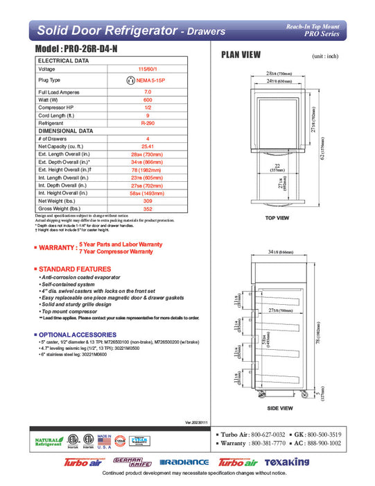 Turbo Air PRO-26R-D4-N, 28 3/4" One Section Reach In Refrigerator - (4) Solid Drawers, 115v - Donut-Supplies.Com