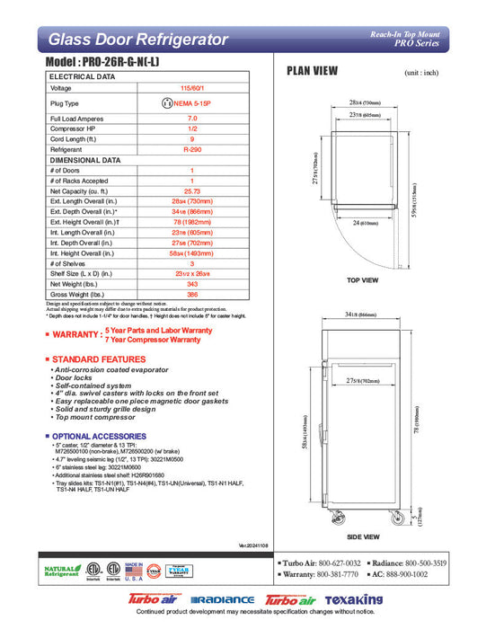 Turbo Air PRO-26R-G-N Single Section Reach-In Top Mount Glass Full Door Refrigerator - Donut-Equipment.com