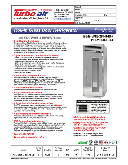 Turbo Air PRO-26R-G-RI-N(-L) PRO Series Refrigerator Roll-in One-section - Donut-Supplies.Com