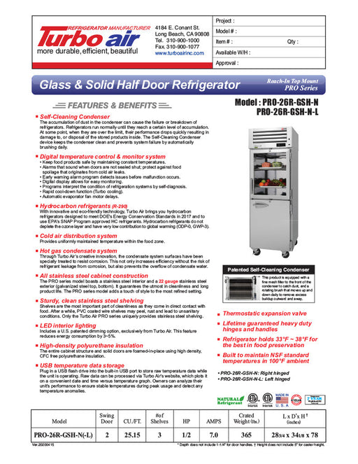 Turbo Air PRO-26R-GSH-N Pro Series 29" Glass / Solid Half Door Reach In Refrigerator - Donut-Supplies.Com