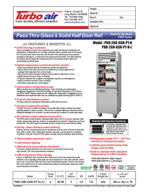 Turbo Air PRO-26R-GSH-PT-N Pro Series 29" Glass / Solid Half Door Pass-Through Refrigerator - Donut-Supplies.Com