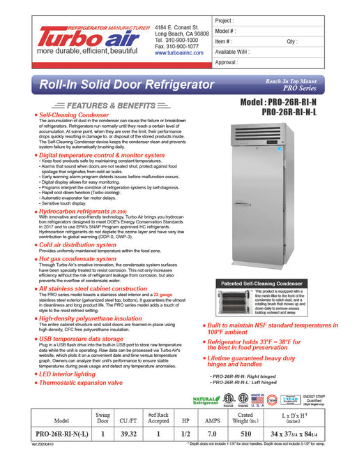 Turbo Air PRO-26R-RI-N 35" Premiere Pro Series Solid Door Roll-In Refrigerator - Donut-Supplies.Com