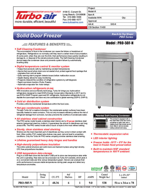 Turbo Air PRO-50F-N 52" Premiere Pro Series Solid Door Reach in Freezer - Donut-Supplies.Com
