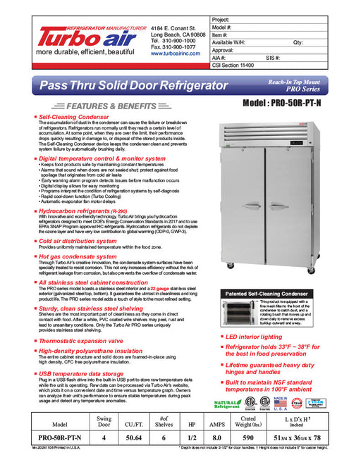 Turbo Air PRO-50F-PT-N 52" Premiere Pro Series Solid Door Pass-Through Freezer - Donut-Supplies.Com
