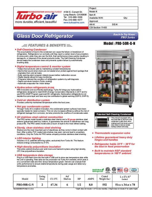 Turbo Air PRO-50R-G-N 51 3/4" Two Section Reach In Refrigerator, (2) Hinged Glass Doors, 115v - Donut-Supplies.Com