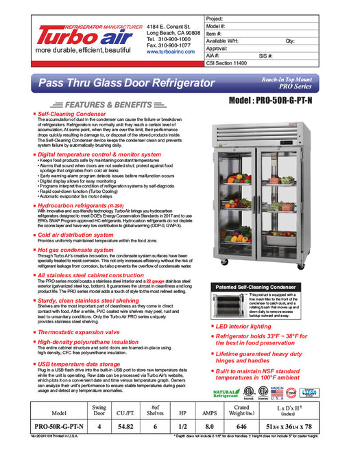 Turbo Air PRO-50R-G-PT-N 2 Section Glass Door Pass-Thru Refrigerator - Donut-Supplies.Com