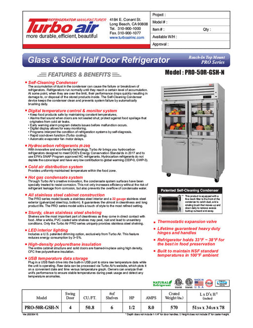 Turbo Air PRO-50R-GSH-N 52" Premiere Pro Series, Two Section Reach-In Refrigerator with Solid and Glass Half Doors - Donut-Supplies.Com