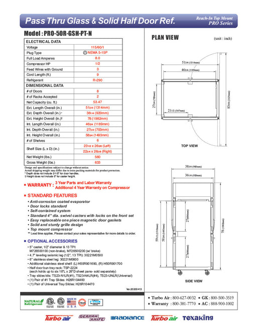 Turbo Air PRO-50R-GSH-PT-N Pro Series 52" Glass / Solid Half Door Pass-Through Refrigerator - Donut-Supplies.Com