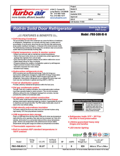 Turbo Air PRO-50R-RI-N 67" Two Section Roll In Refrigerator, (2) Left/Right Hinge Solid Doors, 115v - Donut-Supplies.Com