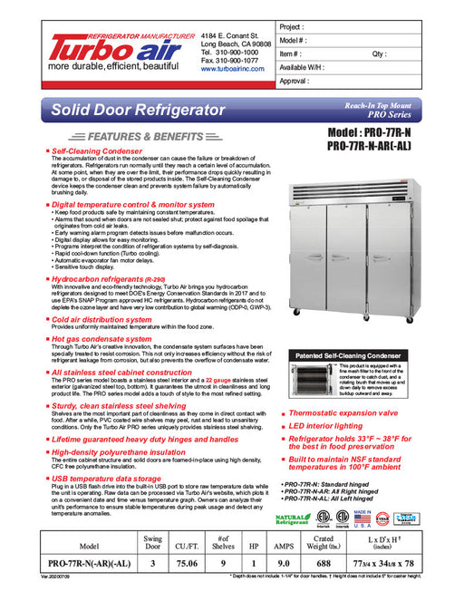 Turbo Air PRO-77R-N 78" Premiere Pro Series Solid Door Reach in Refrigerator - Donut-Supplies.Com
