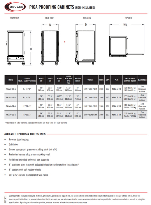 Bevles Model: PICA70-32-A-4R2 Right Hand Hinge Single Door (Non-Insulated) Proofing Cabinet 230V - Donut-Supplies.Com