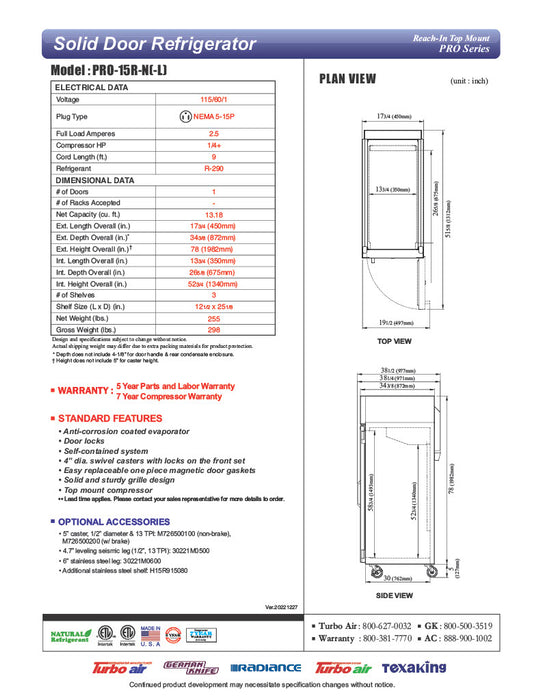Turbo Air PRO-15R-N 17 3/4" One Section Reach In Refrigerator - (1) Right Hinge Solid Door, 115v - Donut-Supplies.Com