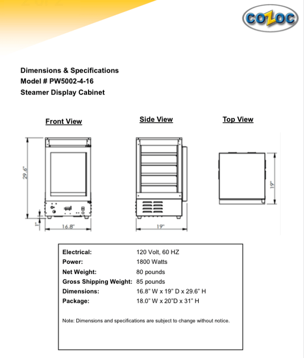 Steamer Heated Merchandiser Cabinet by Cozoc # PW5002-4-16 - Donut-Supplies.Com