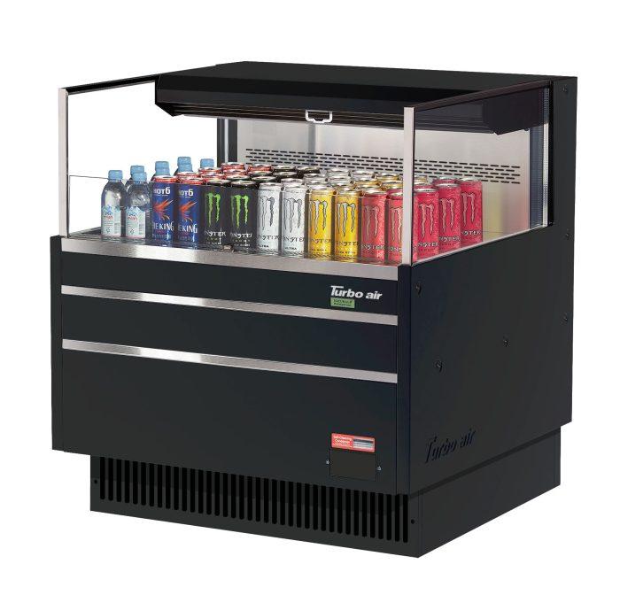 Turbo Air TOM-36L-UF-B-1S-N 34 3/4" Black Low Profile Horizontal Open Air Cooler w/ (1) Level – Ultra Front Merchandiser, 115v - Donut-Supplies.Com