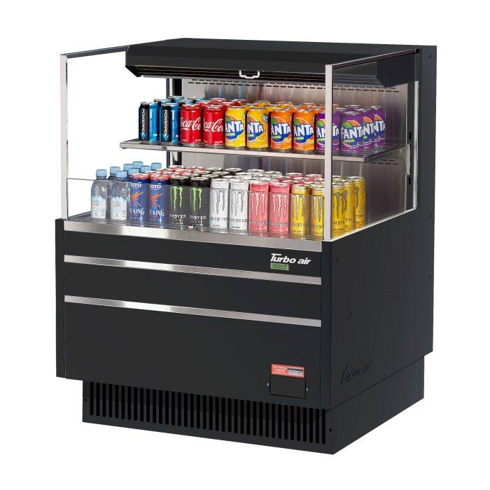 Turbo Air TOM-36L-UF-B-2S-N 34 3/4" Black Low Profile Horizontal Open Air Cooler w/ (2) Levels – Ultra Front Merchandiser, 115v - Donut-Supplies.Com