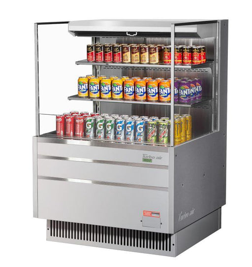 Turbo Air TOM-36L-UF-S-3S-N 35" Stainless Steel Low Profile Horizontal Open Air Cooler w/ (3) Levels – Ultra Front Merchandiser, 115v - Donut-Supplies.Com