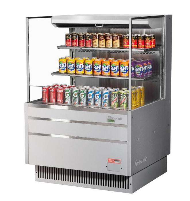 Turbo Air TOM-36L-UF-S-3S-N 35" Stainless Steel Low Profile Horizontal Open Air Cooler w/ (3) Levels – Ultra Front Merchandiser, 115v - Donut-Supplies.Com