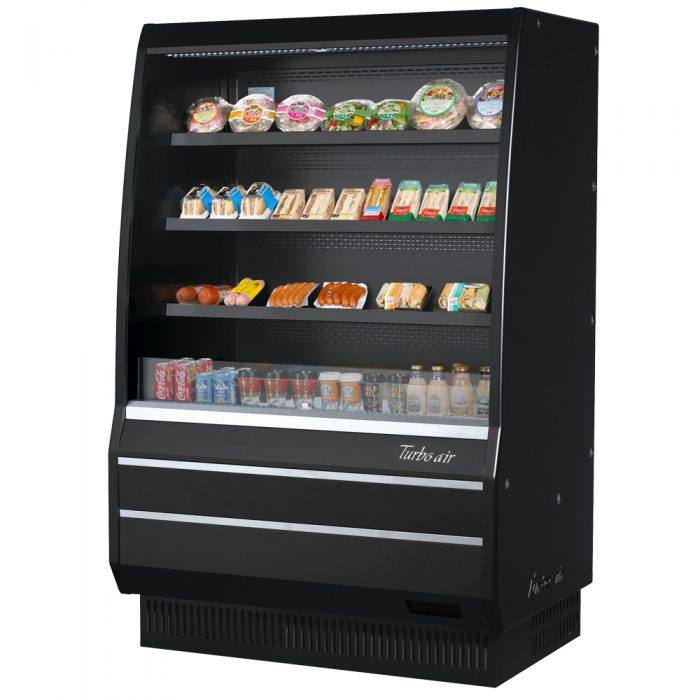 Turbo Air TOM-50MB-SP-N 50 7/8" Vertical Open Air Cooler w/ (4) Levels – Black Exterior, 115v - Donut-Supplies.Com
