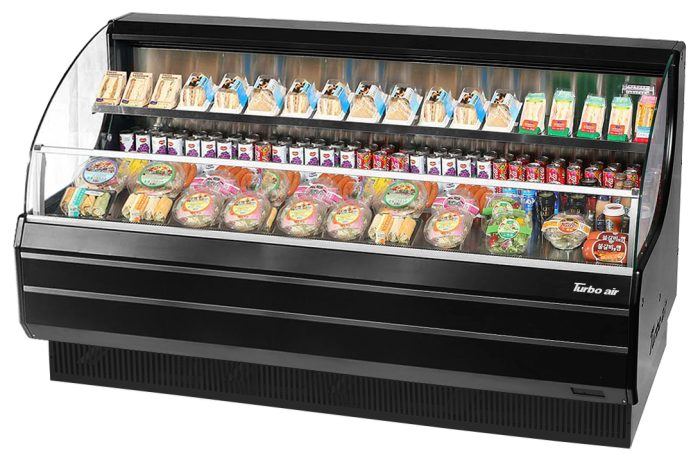 Turbo Air TOM-75LB-N 75 5/8" Horizontal Open Air Cooler w/ (2) Levels – Low Profile Display Merchandiser, Black Exterior, 115v - Donut-Supplies.Com