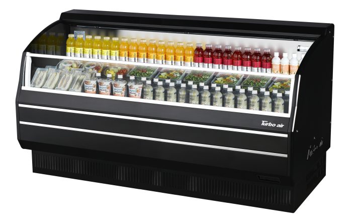 Turbo Air TOM-75SB-SP-N 75 3/4" Black Horizontal Open Air Cooler w/ (3) Levels, Stainless Steel Interior – Slim Line, 115v - Donut-Supplies.Com