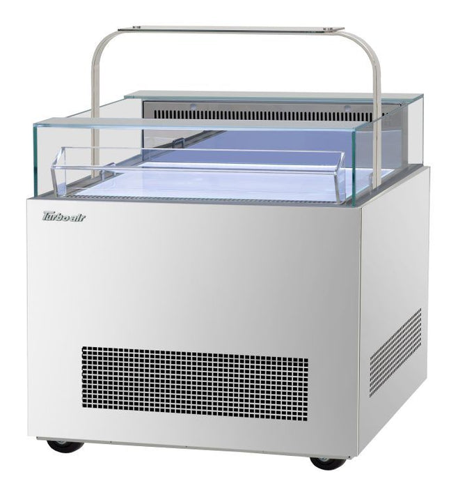 Turbo Air TOS-30NN-D-S 30 1/4" Stainless Steel Horizontal Open Display Merchandiser / Air Curtain Sandwich and Cheese Display Case – 1 Level with Top Shelf, 115v - Donut-Supplies.Com
