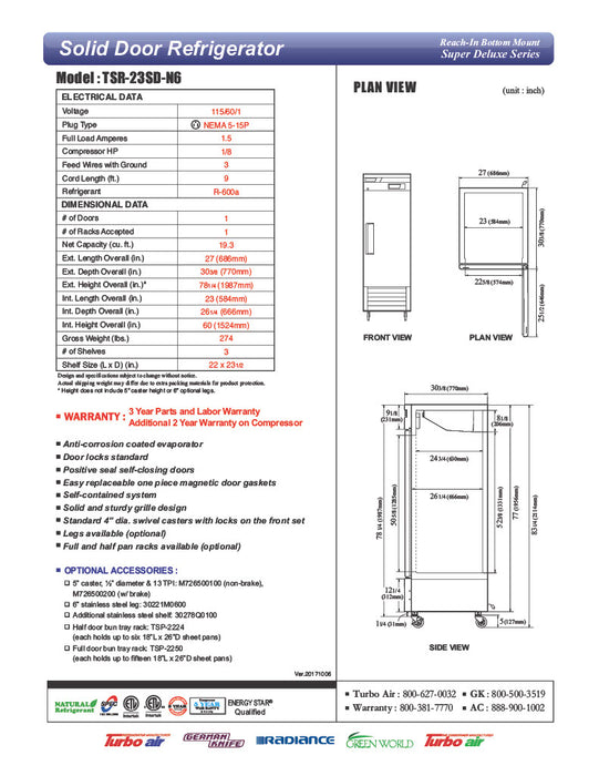 Turbo Air TSR-23SD-N6 Super Deluxe 27" Bottom Mounted Solid Door Reach-In Refrigerator with LED Lighting - Donut-Supplies.Com