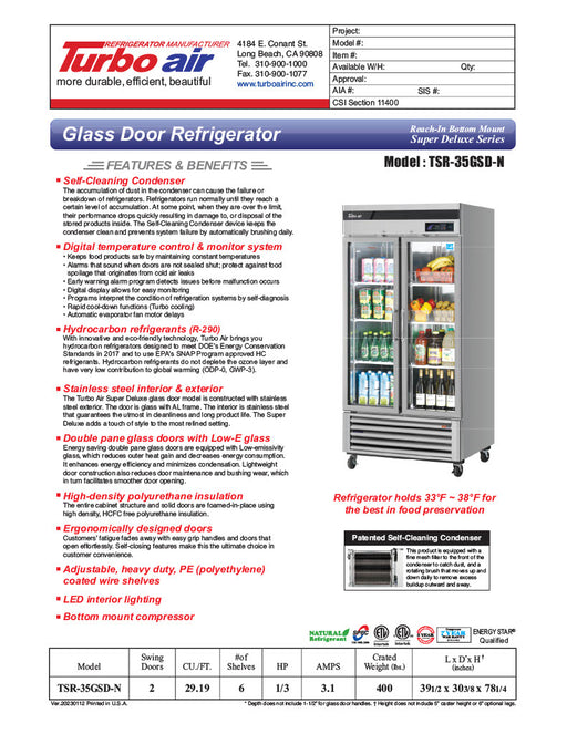 Turbo Air TSR-35GSD-N 39 1/2" Two Section Reach In Refrigerator, (2) Left/Right Hinge Glass Doors, 115v - Donut-Supplies.Com