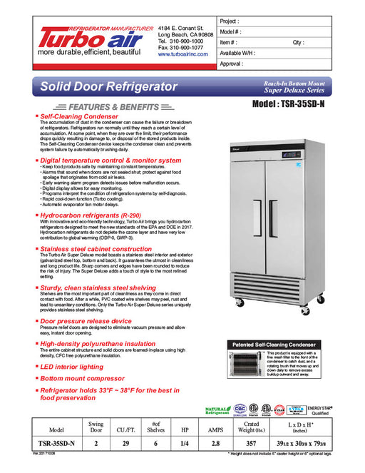 Turbo Air TSR-35SD-N Super Deluxe 40" Bottom Mounted Solid Door Reach-In Refrigerator with LED Lighting - Donut-Supplies.Com