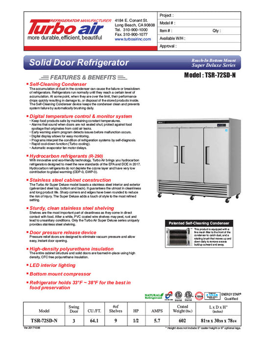 Turbo Air TSR-72SD-N Super Deluxe 82" Bottom Mounted Solid Door Reach-In Refrigerator with LED Lighting - Donut-Supplies.Com